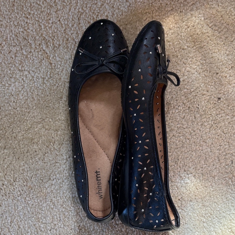 White Mountain Black Perforated Flats with Bow & Silver Stud Detailing-Size 10M